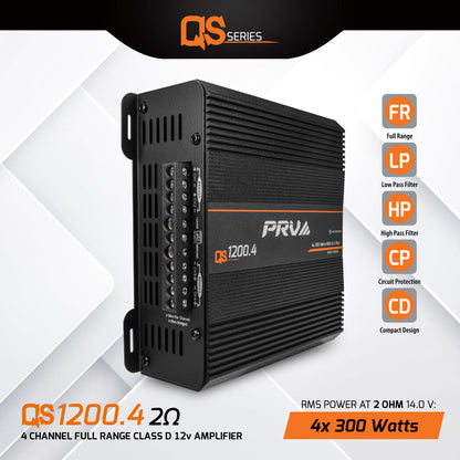 PRV Audio QS1200.4 2 Ohm Compact 4 Channel Car Audio Amplifier 4 x 310 Watts RMS at 2 Ohm