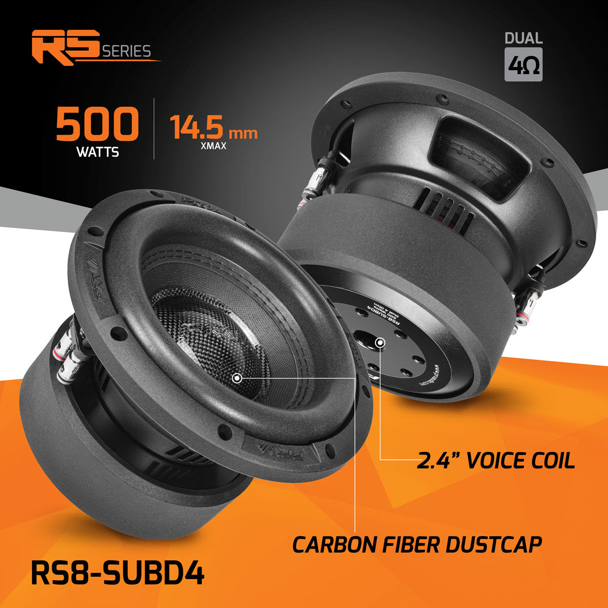 RS8-SUBD4  PRV 8” Car Subwoofer  Dual 4 Ohm 500 Watts