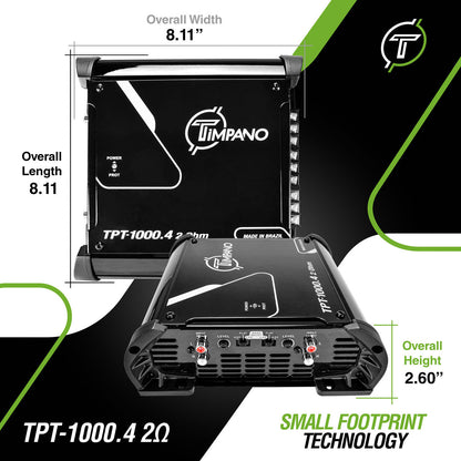 Timpano TPT-1000.4 Compact 4 Channel Car Audio Amplifier – 4 x 260 Watts at 2 Ohms