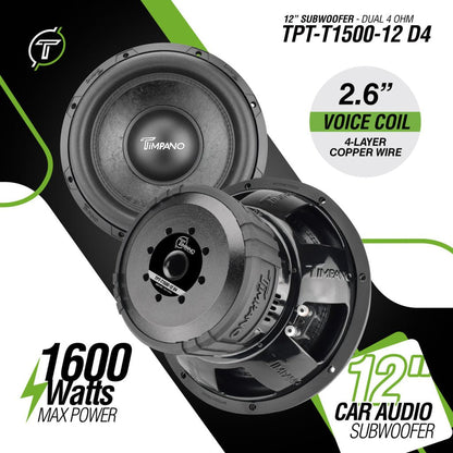 Timpano 12″ Car Audio Subwoofer 1600 Watts Dual 4 Ohm TPT-T1500-12 D4 Daily Banger