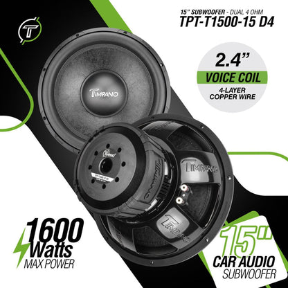 Timpano 15″ Car Audio Subwoofer 1600 Watts Dual 4 Ohm TPT-T1500-15 D4